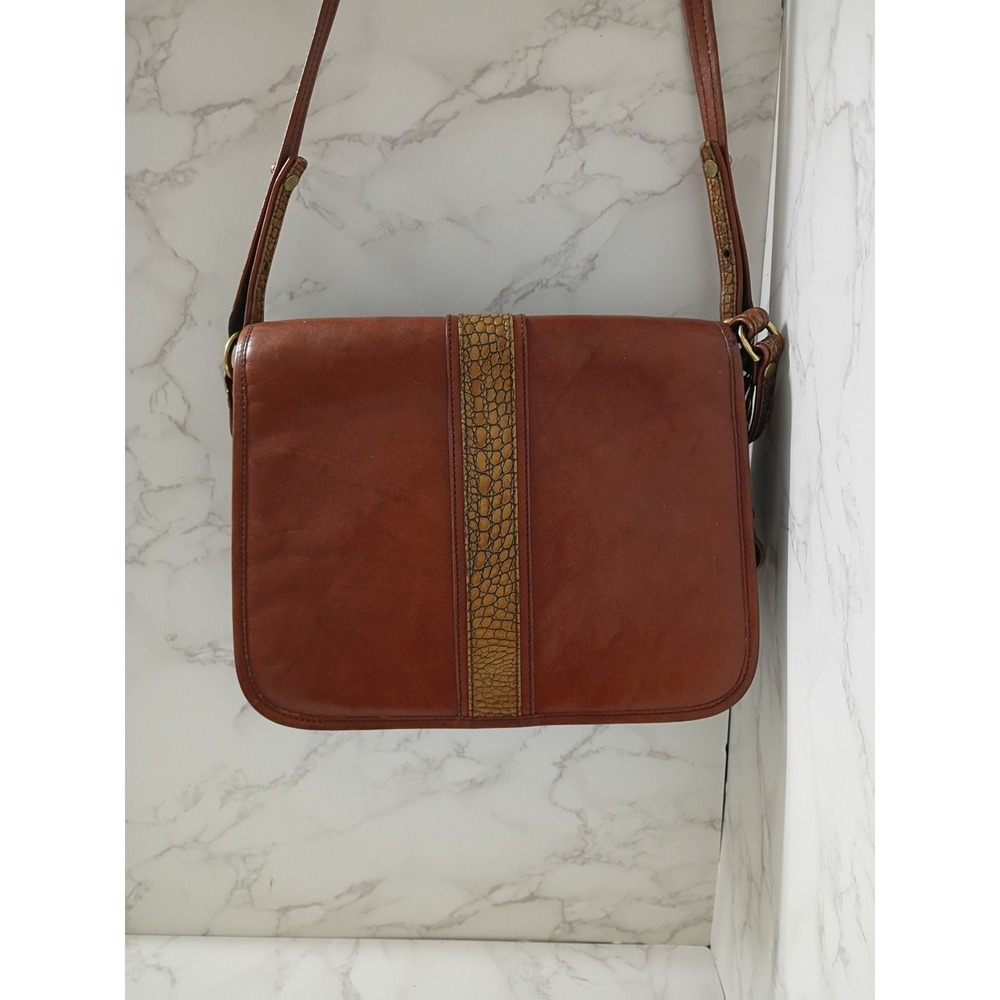 BRAHMIN Vintage Leather Crossbody Saddle Bag w/ Croc Embossed Trim - EUC